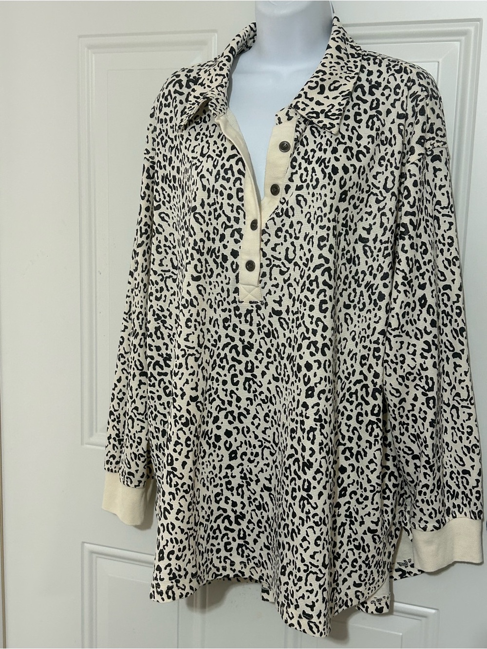Jane and Delancey Black on Cream Leopard Henley Sweatshirt